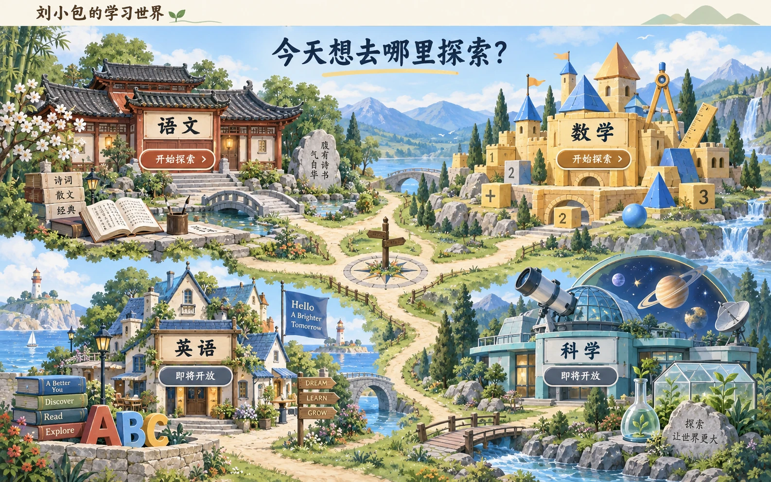 手绘学习世界：左上语文书院，右上数学城堡，左下英语小镇，右下科学探索站。